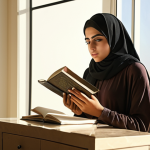 **

*   **Prompt:** Reflective young Arab woman in a modern, sunlit room. Soft lighting, thoughtful expression. Possibly holding a journal or pen. Focus on self-discovery and empowerment.

**