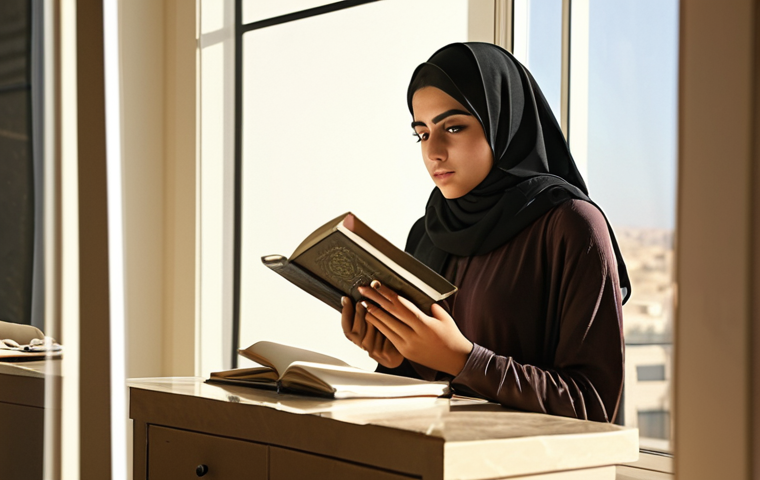 **

*   **Prompt:** Reflective young Arab woman in a modern, sunlit room. Soft lighting, thoughtful expression. Possibly holding a journal or pen. Focus on self-discovery and empowerment.

**