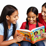 **

A diverse group of children happily participating in an after-school activity like a reading club or sports team, guided by a supportive adult mentor. Focus on capturing their confidence, social interaction, and sense of responsibility.

**
