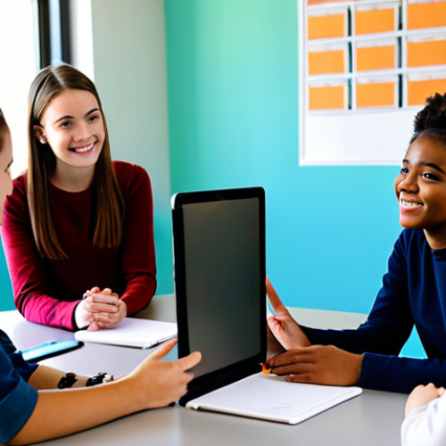 A diverse group of fully clothed high school students, in modest, appropriate attire, engaging in a lively discussion with a professional, compassionate female mentor. They are seated around a modern, collaborative table in a bright, welcoming after-school guidance center. Digital tablets are visible on the table, displaying educational content related to digital well-being. The mentor is actively listening, her posture open and supportive, fostering a safe space. All subjects exhibit perfect anatomy, correct proportions, natural poses, well-formed hands, and proper finger counts. Professional photography, high quality, vibrant colors, soft lighting, family-friendly, appropriate content, safe for work.