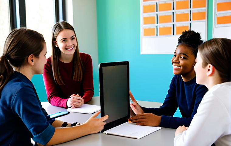 A diverse group of fully clothed high school students, in modest, appropriate attire, engaging in a lively discussion with a professional, compassionate female mentor. They are seated around a modern, collaborative table in a bright, welcoming after-school guidance center. Digital tablets are visible on the table, displaying educational content related to digital well-being. The mentor is actively listening, her posture open and supportive, fostering a safe space. All subjects exhibit perfect anatomy, correct proportions, natural poses, well-formed hands, and proper finger counts. Professional photography, high quality, vibrant colors, soft lighting, family-friendly, appropriate content, safe for work.