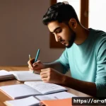 Home 18 방과후지도사 필기 공부 효율적으로 하는 법 - A young Arab student studying at a neatly organized desk in a quiet, sunlit room, wearing modest cas...