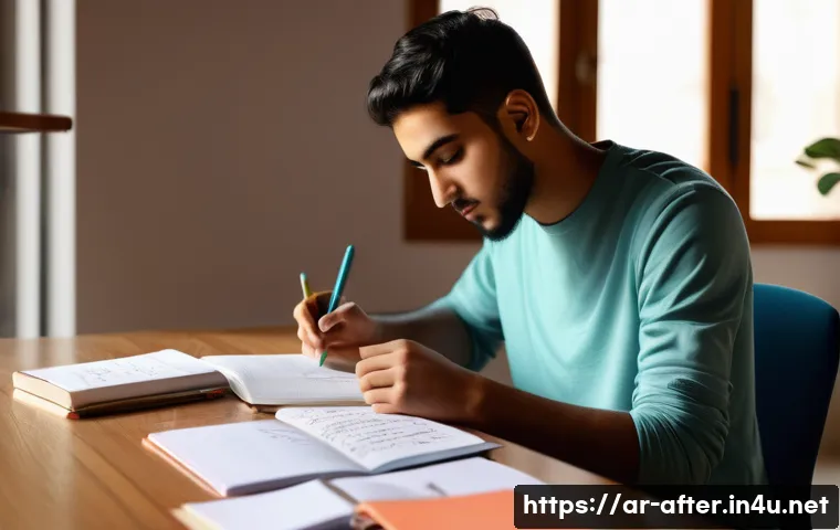 방과후지도사 필기 공부 효율적으로 하는 법 - A young Arab student studying at a neatly organized desk in a quiet, sunlit room, wearing modest cas...