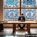 Home 17 방과후지도사와 스트레스 관리법 - A serene office environment designed for Arabic-speaking after-school activity supervisors, featurin...