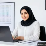 Home 16 방과후지도사 퇴사 후 재취업 사례 - A professional Arab woman in her early 30s sitting confidently at a modern home office desk, surroun...