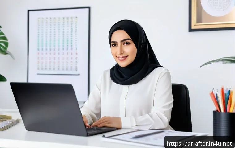 방과후지도사 퇴사 후 재취업 사례 - A professional Arab woman in her early 30s sitting confidently at a modern home office desk, surroun...