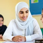 Home 21 방과후지도사로서의 학부모 상담 팁 - A warm and inviting classroom scene featuring an Arab female teacher attentively listening to an Ara...