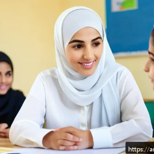 Home 15 방과후지도사로서의 학부모 상담 팁 - A warm and inviting classroom scene featuring an Arab female teacher attentively listening to an Ara...
