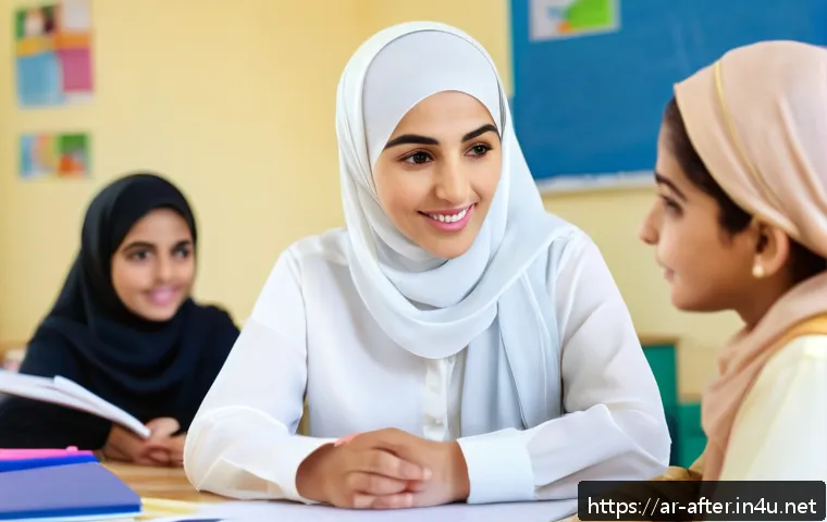 방과후지도사로서의 학부모 상담 팁 - A warm and inviting classroom scene featuring an Arab female teacher attentively listening to an Ara...