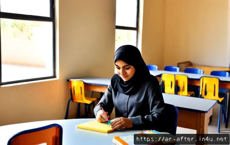 방과후지도사 실기 시험 준비 팁 - Photorealistic practical exam preparation scene in a bright modern after-school classroom in an Arab...